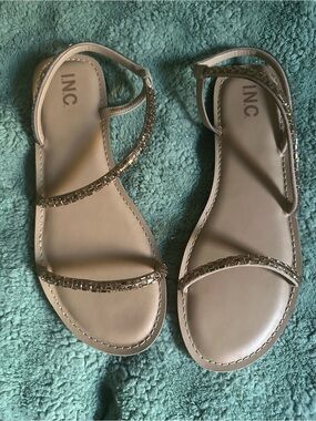 INC International Concepts Nude Gold Beaded Strappy Flat Sandals